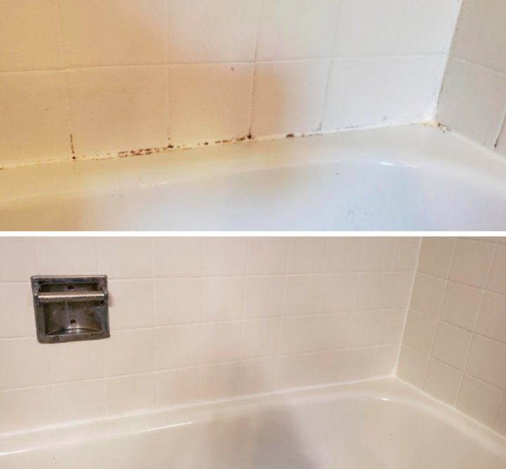 Reviewer&#x27;s before-and-after image after using the gel to remove mold from the cracks in their shower