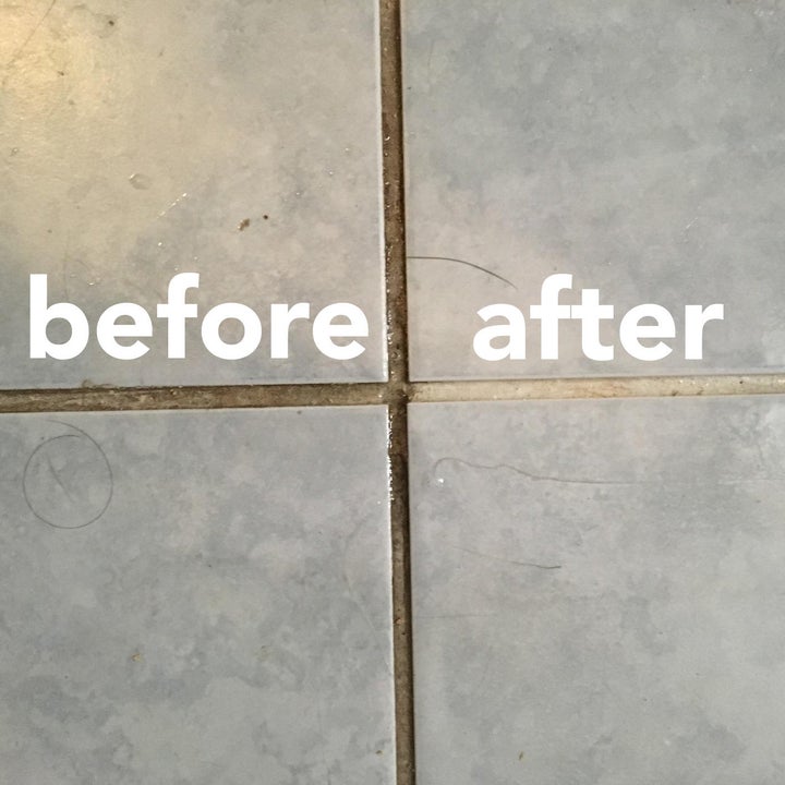 reviewer image showing tile before and after being cleaned with the rubbermaid power scrubber