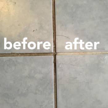 reviewer image showing tile before and after being cleaned with the rubbermaid power scrubber