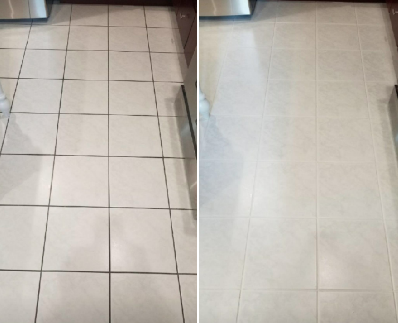 Reviewer&#x27;s tiles before using grout cleaner on the left and the after results on the right