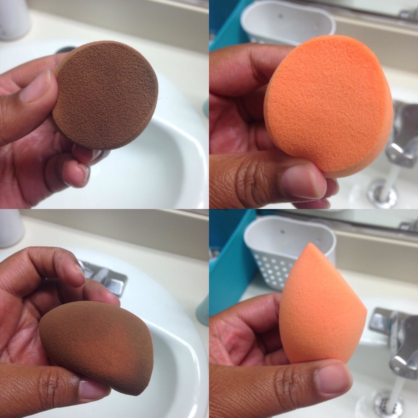 Before: A reviewer holding their makeup sponge, which is brown all over with residual foundation; After: The same reviewer and their sponge, now clean and orange