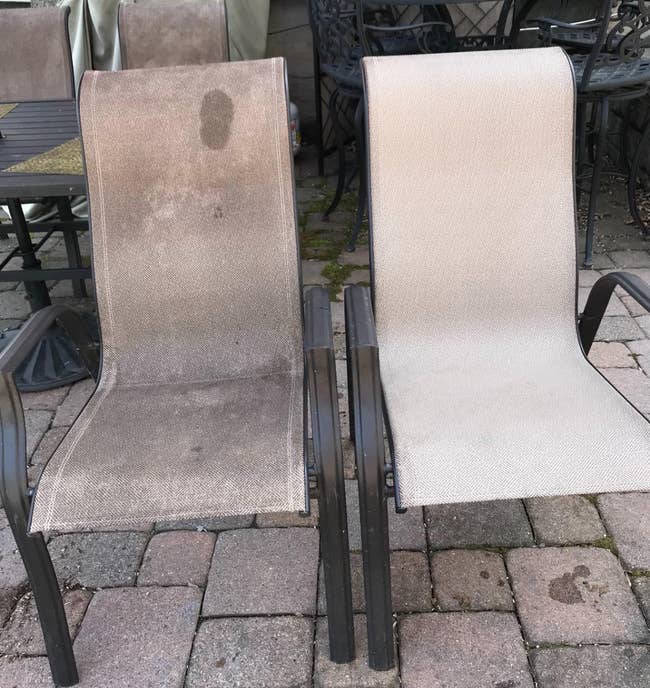 Reviewer image of two patio chairs, one without stains after using the mildew remover and one much dirtier with tons of mildew 