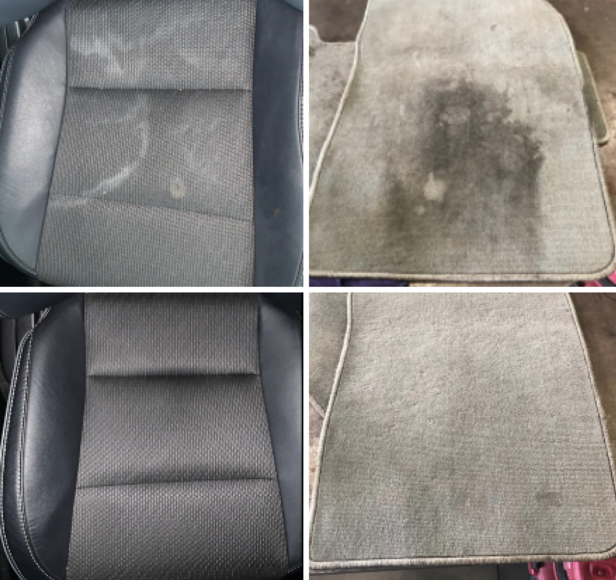 Reviewer&#x27;s before-and-after image after using the car cleaner to remove stains from both the car seats and floor mats