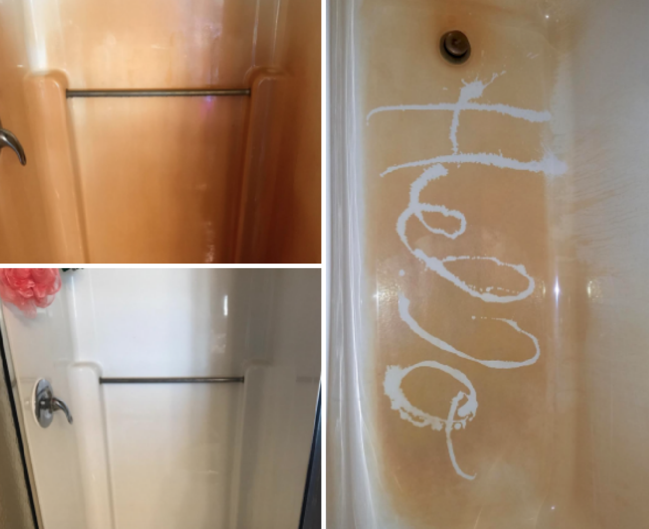 A reviewer&#x27;s before-and-after image after using stain remover to completely remove all of the rust from an incredibly dirty shower. A second image with the word &quot;hello&quot; spelled out in the tub, showing how strong the remover works.