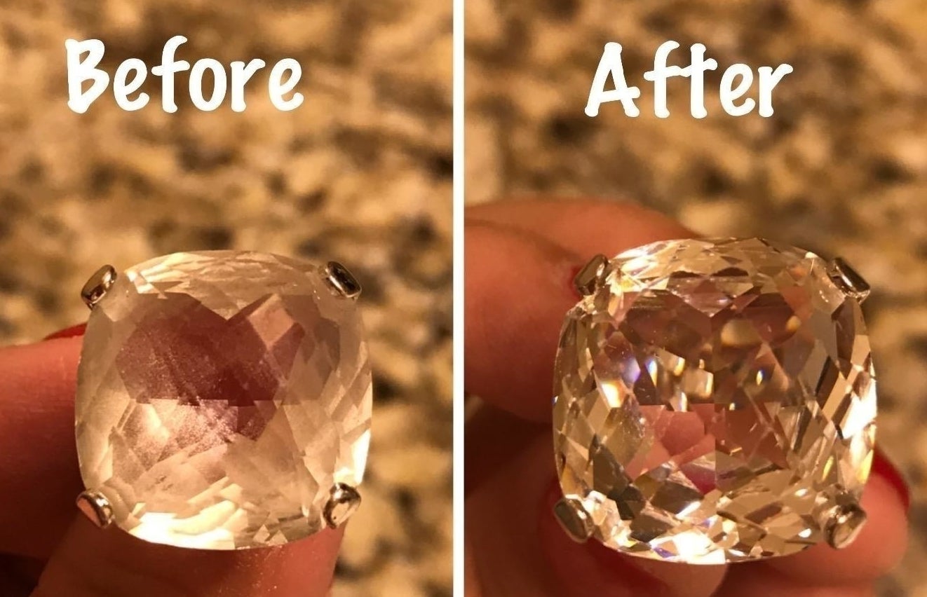 Before: A crystal ring, cloudy with body oils and dirt; After; the same ring, now clean, clear, and sparklingly transparent