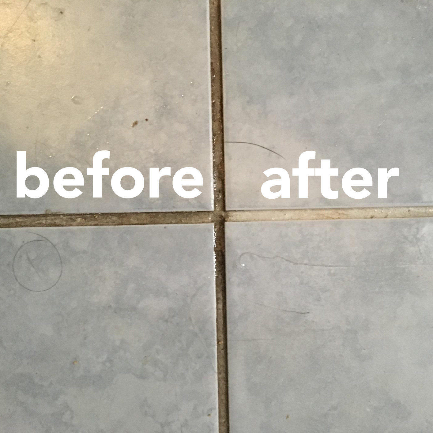 A reviewer&#x27;s tile floor; half the grout caked dark with dirt and grime; half of it white and clean