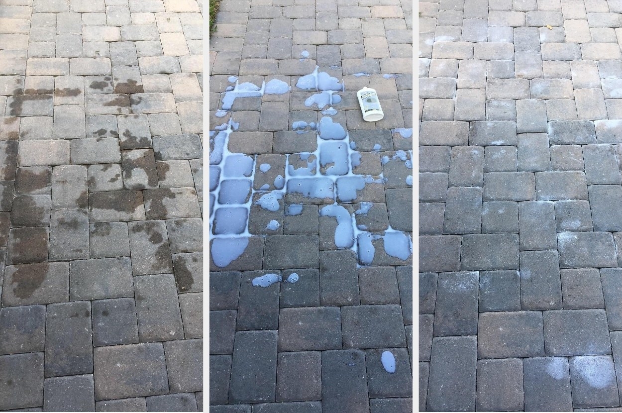 Three photos of a stone patio: before, a giant grease stain; during; the white product treating the grease stain; after, the product dried into powder residue, with no grease stain in sight