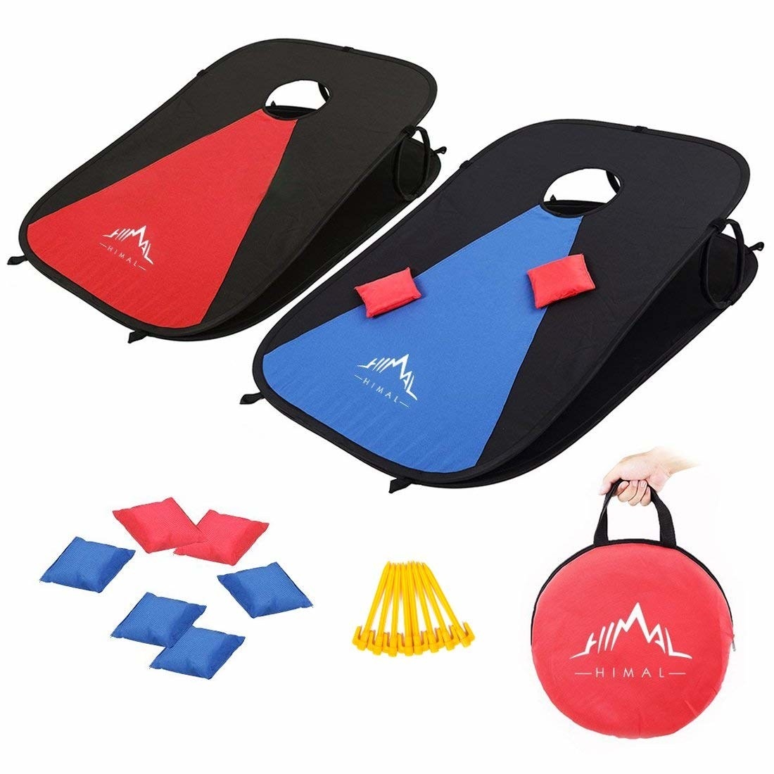 the red and blue portable cornhole set