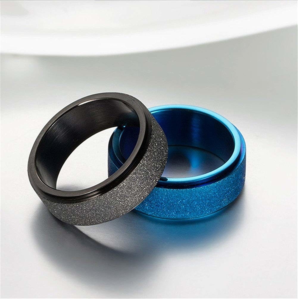 a grey and a blue ring with rough outsides and smooth insides. the rough section spins 