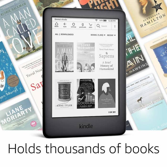 The Kindle in black with text &quot;holds thousands of books&quot;