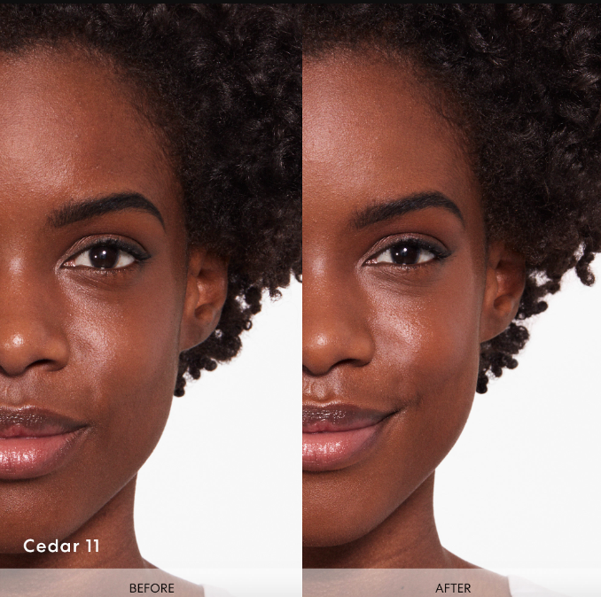 model with uneven skin labeled "before" and with even skin on the right labeled "after"