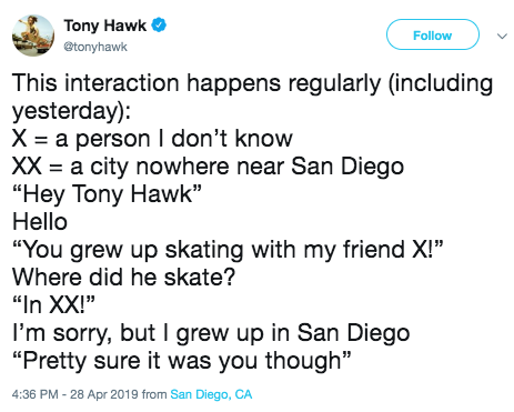 Tony Hawk's Twitter Shows He's Often Unrecognized, Mistaken for Others