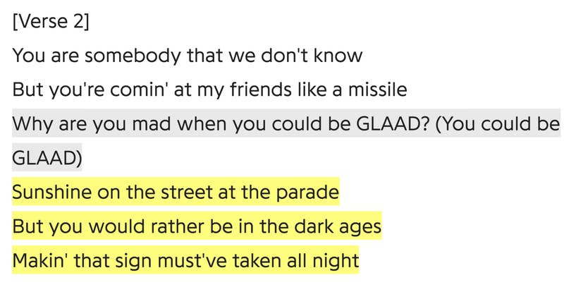 The verse references both LGBT pride parades and the people who show up to protest them, saying they&#x27;re in the &quot;dark ages&quot;.