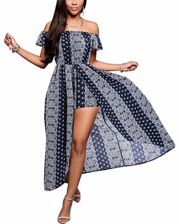 A model wearing the dress in navy and white print