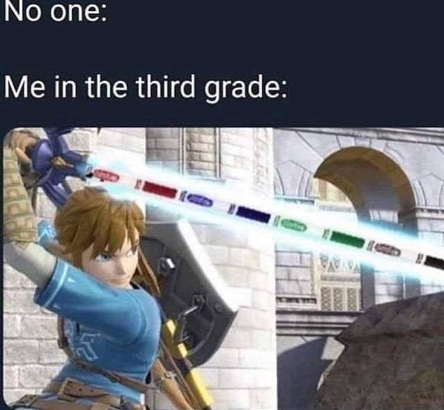 Link from The Legend of Zelda slashing with a sword, with the text &quot;No one:&quot; and &quot;Me in the third grade:&quot; showing multiple pens as the sword