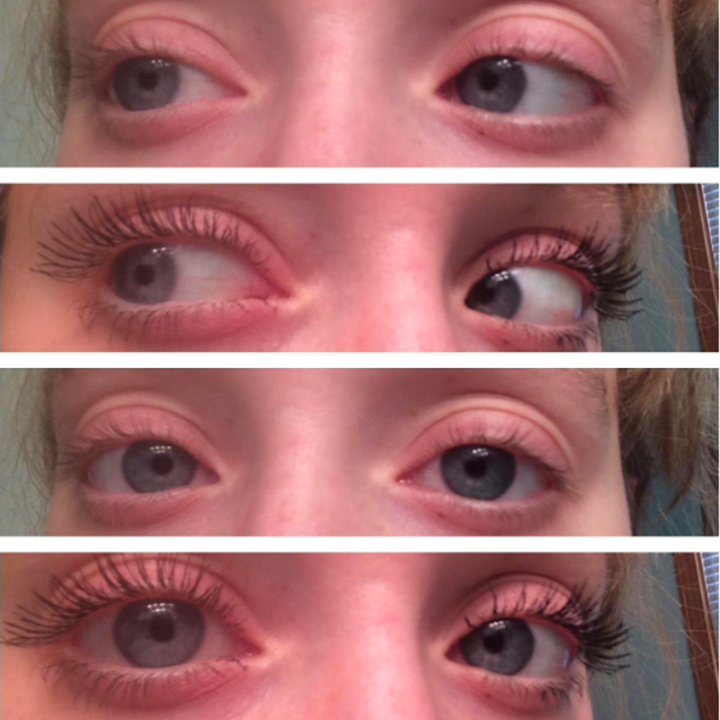 Two before-and-afters from different angles. In the before photos, the reviewer with their natural lashes. In the after photos, the reviewer wearing the mascara and having dramatic, long, curved lashes