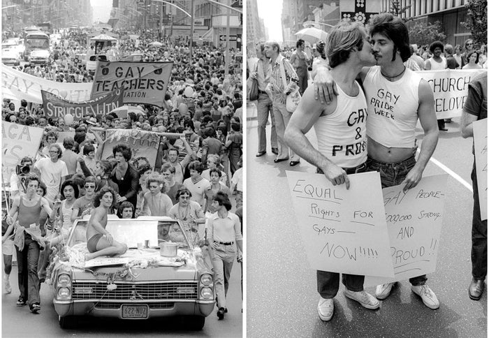 Left: View along Sixth Avenue as hundreds of people march toward Central Park, June 26, 1975. Right: A couple kiss on Sixth Avenue, June 26, 1975.