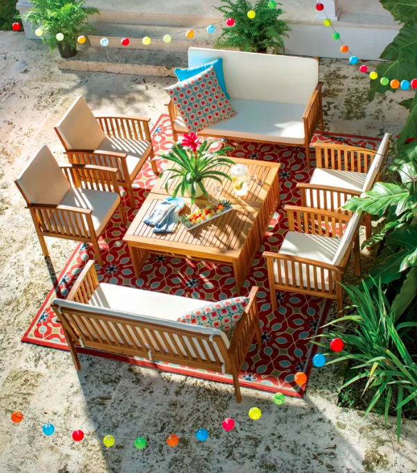 the eight-piece conversation set on a colorful patio