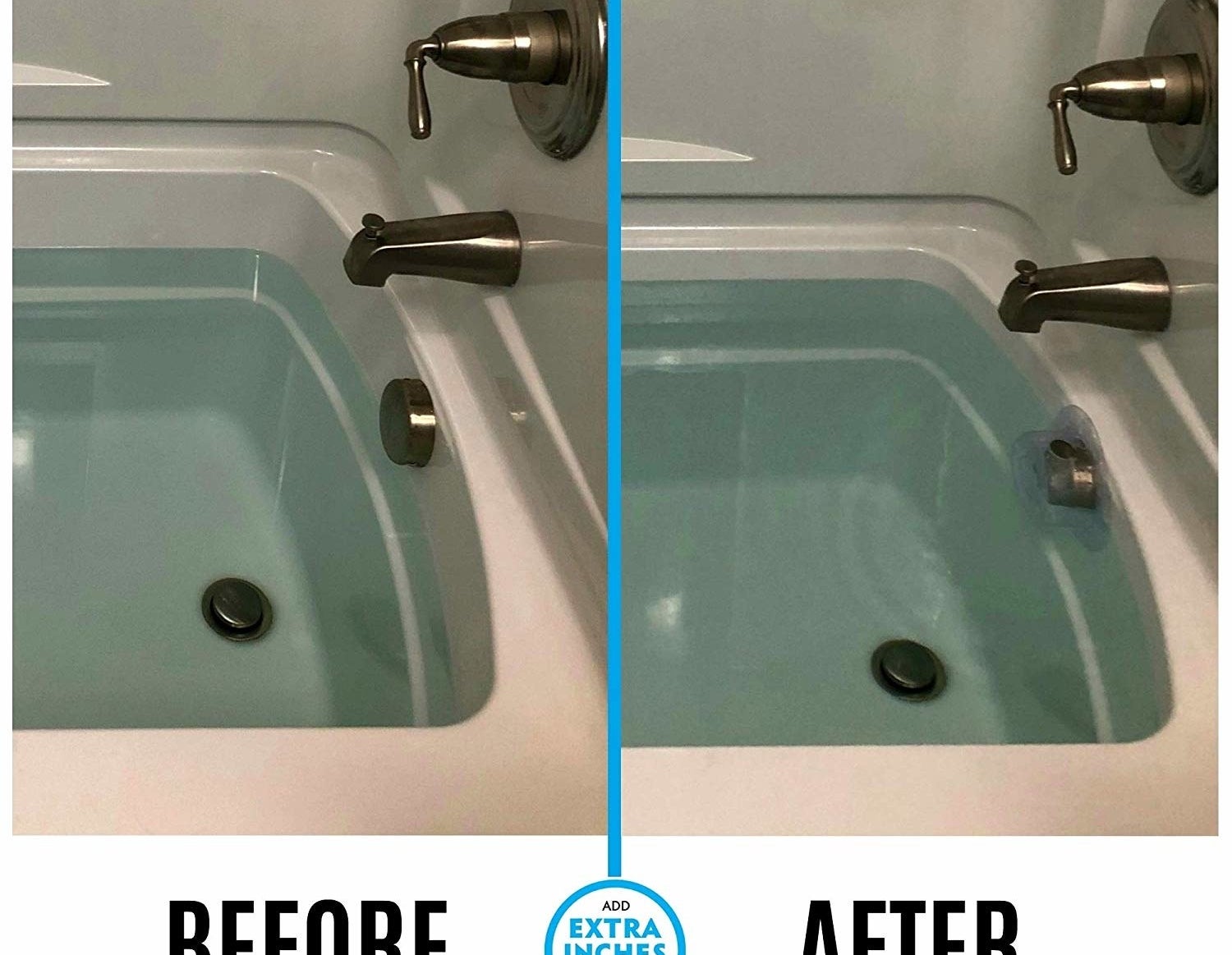 A before and after of a bathtub filled as far as it can be filled without the cover and then with the cover which is about 3-4 inches higher 