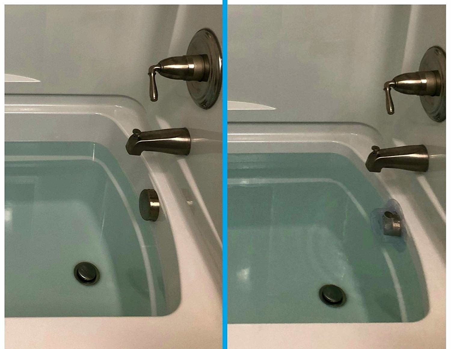 A before and after of a bathtub filled as far as it can be filled without the cover and then with the cover which is about 3-4 inches higher