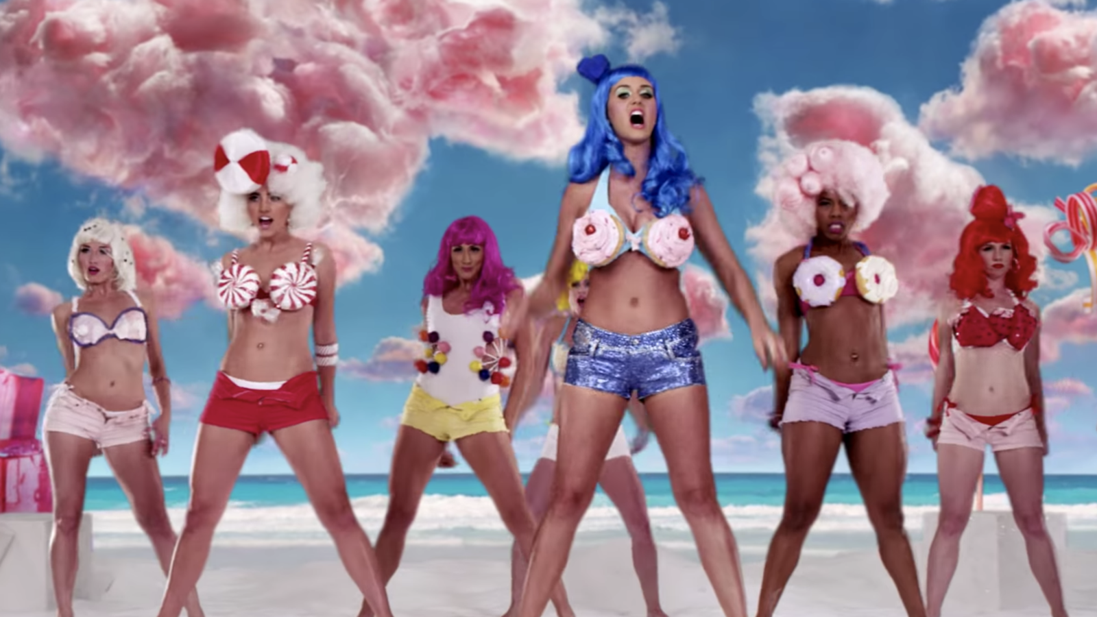 Katy Perry wearing a cupcake bra in the music video 