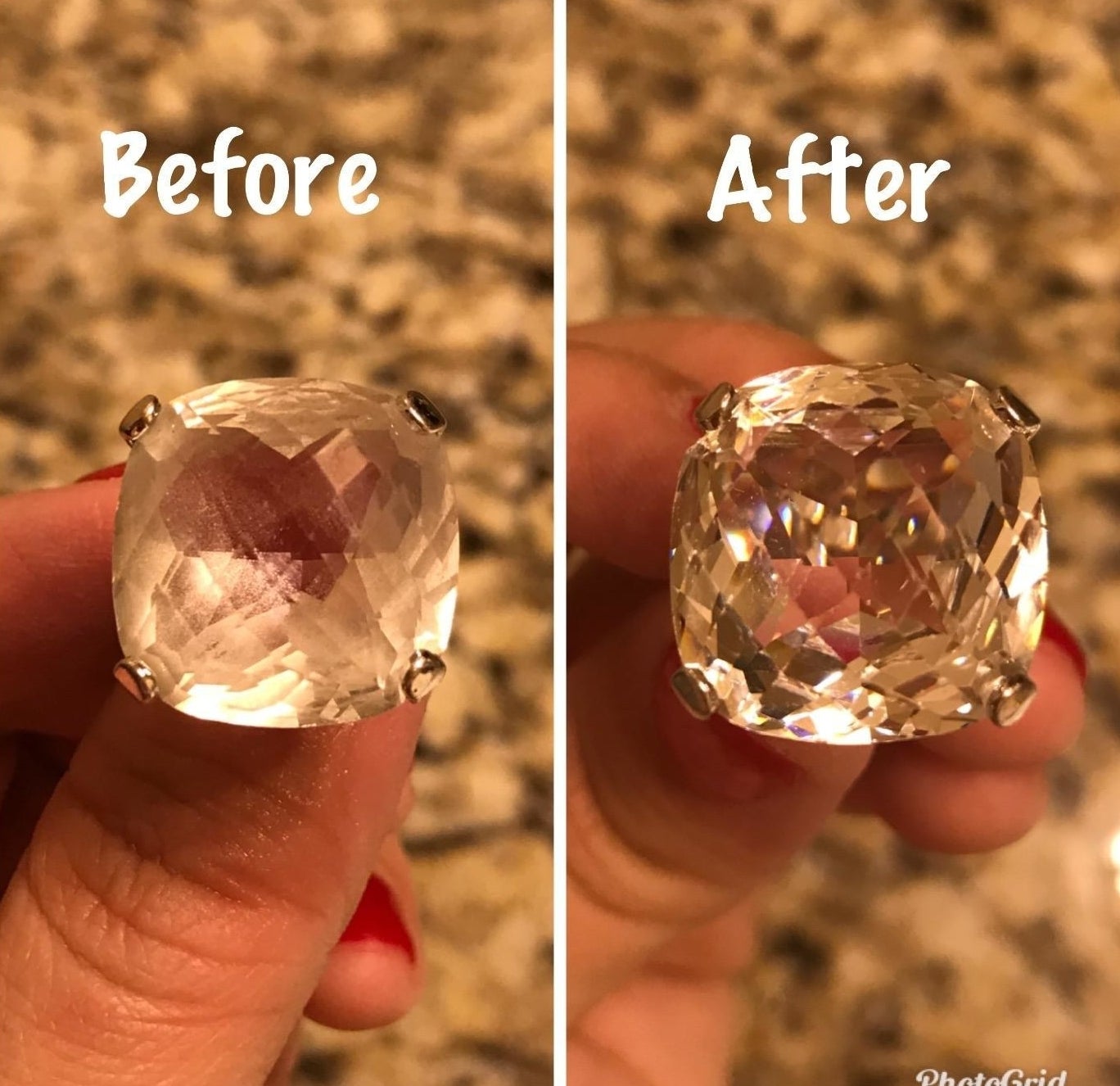 Reviewer before and after photo showing a cloudy gem restored to a sparkling state