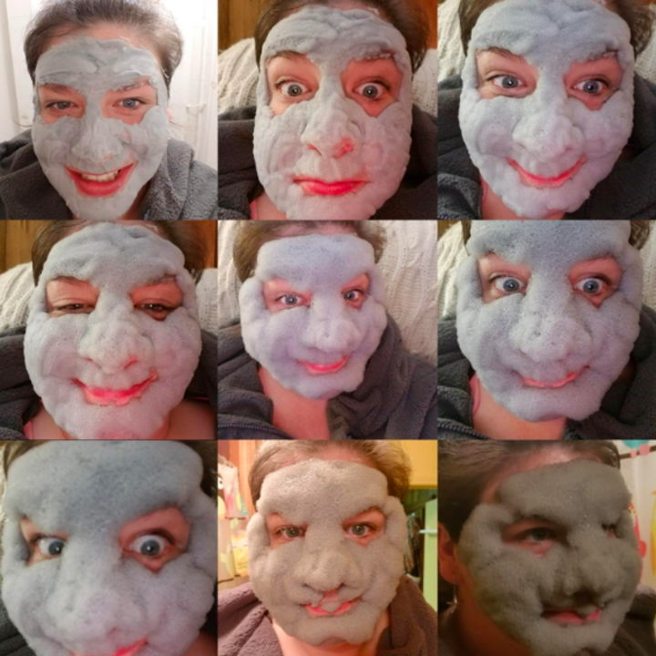 A set of nine reviewer selfies in the mask, showing how it goes from flat to super bubbly and fun