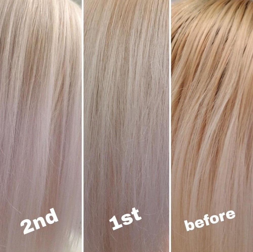 Reviewer before and after photos showing brass tones taken out of platinum blonde hair after using the shampoo