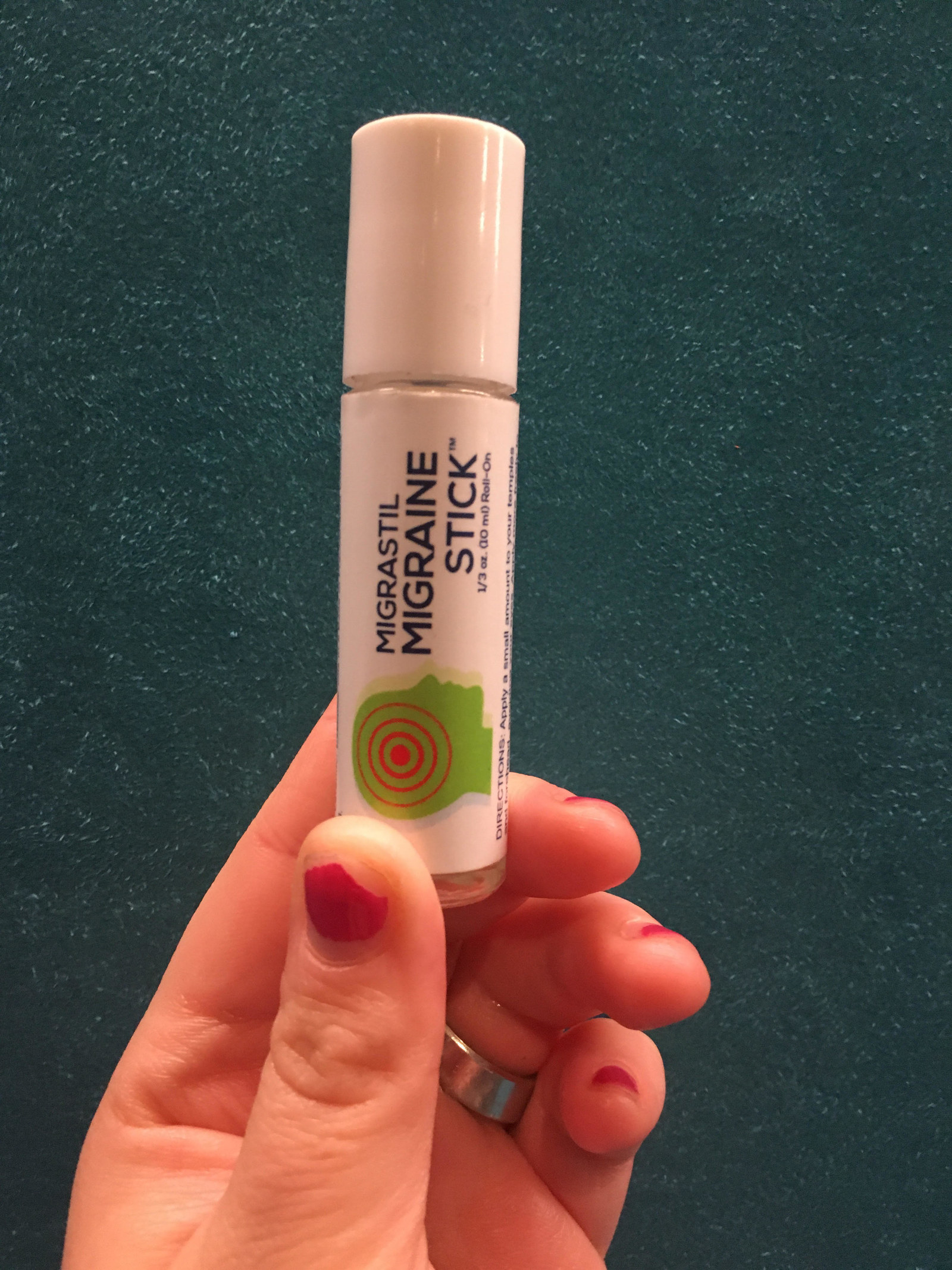 Photo taken by BuzzFeed editor Katy Herman showing the migraine stick, which is roughly the size of a lip balm