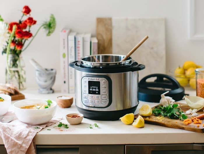 A product shot of the Instant Pot on a kitchen counter