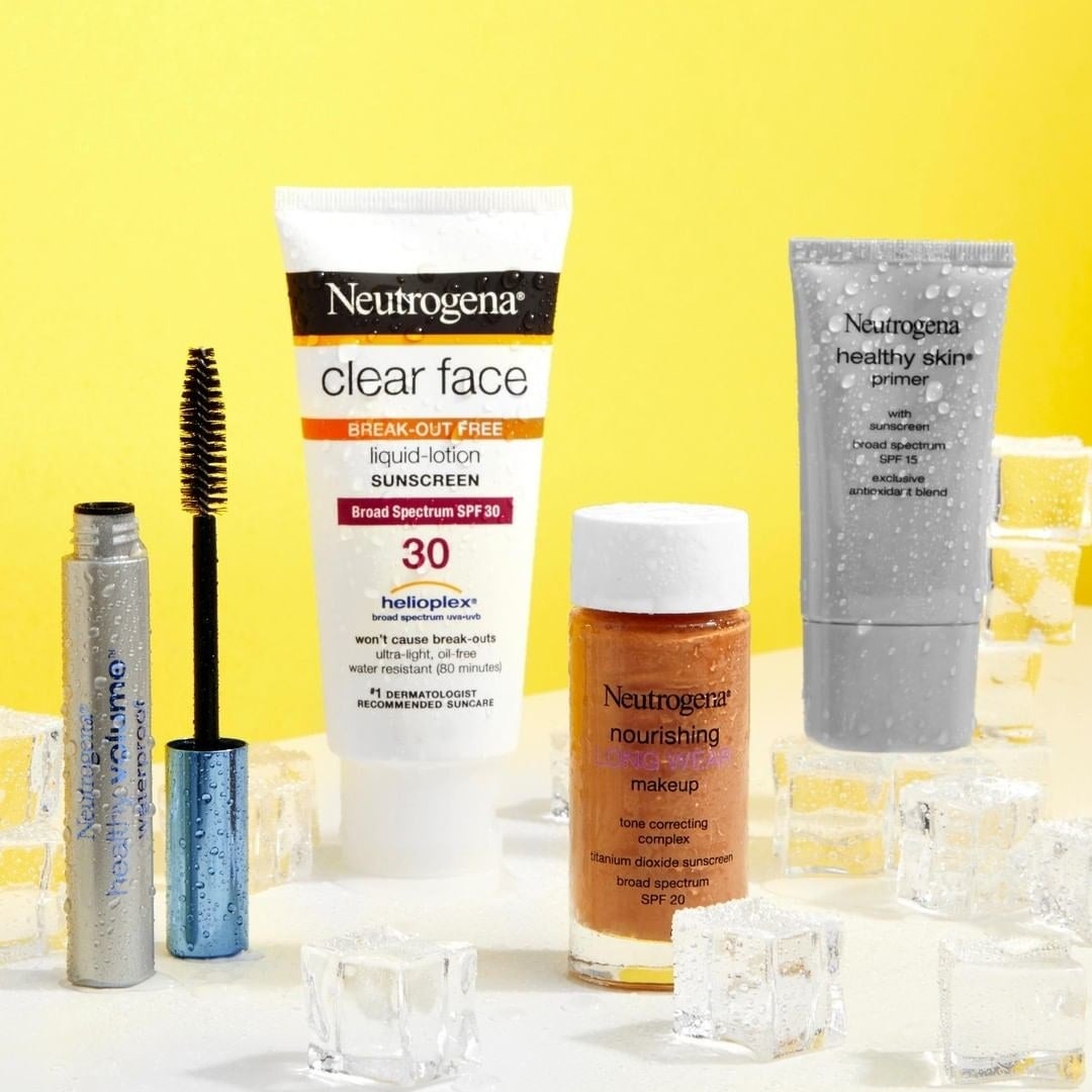 The bottle of Neutrogena Clear-Face Break-Out Free Liquid Lotion Sunscreen, Broad Spectrum SPF 30