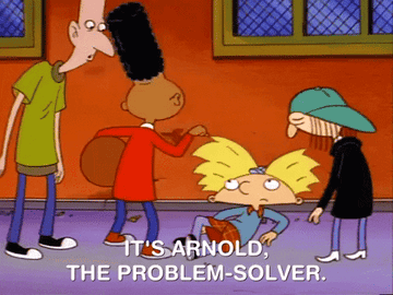 Gif from Hey Arnold: Gerald says to Arnold, &quot;It&#x27;s Arnold, the Problem-Solver. Arnold, The Ambassador&quot;