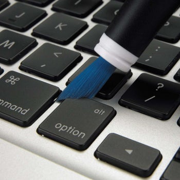 The soft paintbrush-like brush sweeping crumbs away on a keyboard