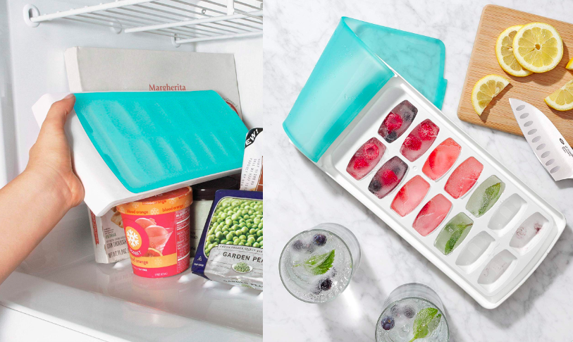 Yoove Ice Cube Tray With Lid and Bin- Silicone Ice Tray For Freezer | Comes  with Ice Container, Scoop and Cover | Good Size Ice Bucket (Green)