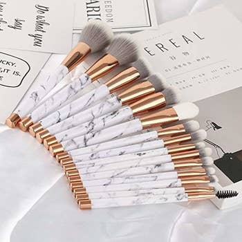 the complete marble makeup brush set laid out
