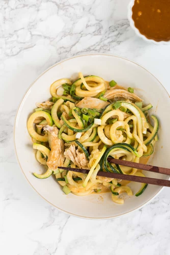 Sesame Chicken Zucchini Noodles on a plate
