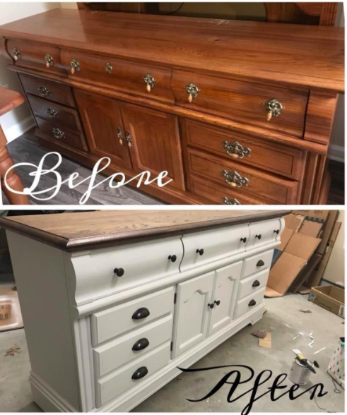A customer review photo of before and after applying the chalked paint to a dresser