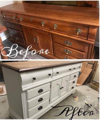 A customer review before and after photo of their dresser