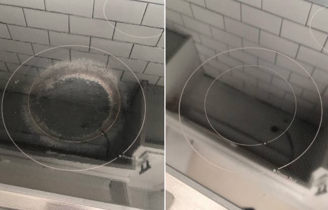 before/after of reviewer's ceramic stove with burn rings and after photo showing the stove clean without marks