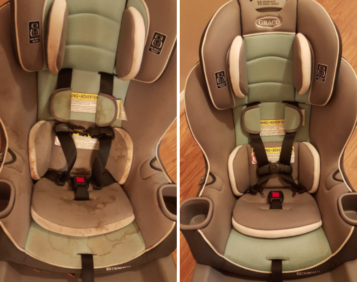 before/after of a car seat with tons of stains and the after photo showing the stains removed