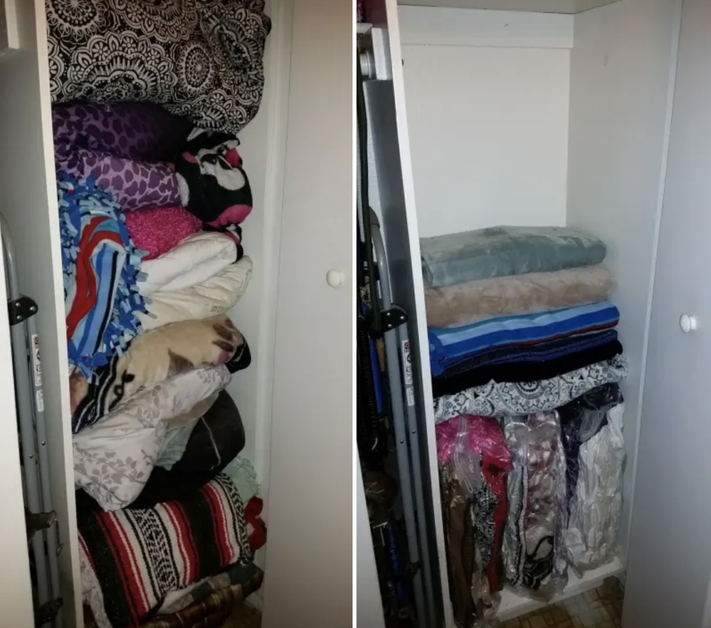 (left) Reviewer image of a full closet of linens and blankets (right) All the same linens in the vacuum bags taking up about half the space in the same closet