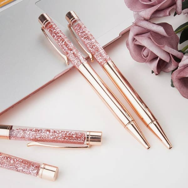 rose gold pens filled with pink glitter