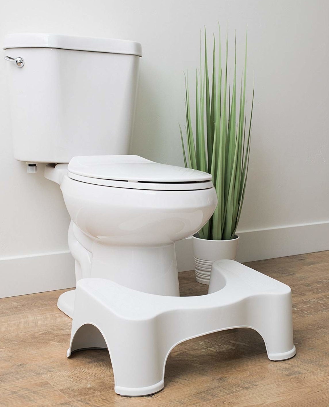 The squatty potty in front of a toilet 