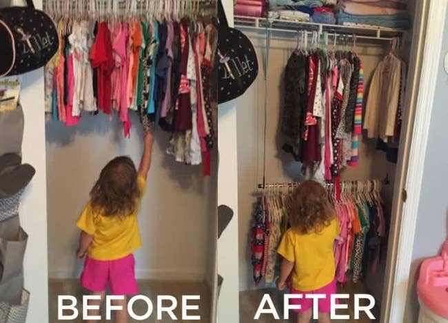 Review photo of before and after adding the rod to the closet, on the left a child standing in front of the closet barely reaching the clothes and on the right, the double rod making the child able to reach the clothes and also store twice as much
