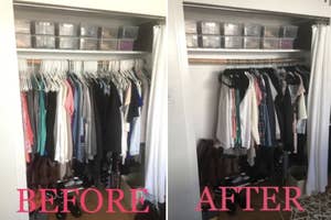 Reviewer photo of before and after using the hangers, on the left a closet filled all the way across with hanger and clothes, on the right the same closet but this time the clothes are only taking up about half as much space with the velvet hangers