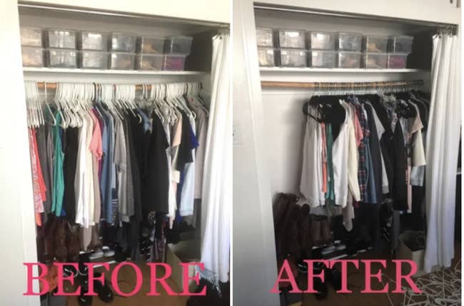 Reviewer photo of before and after using the hangers, on the left a closet filled all the way across with hanger and clothes, on the right the same closet but this time the clothes are only taking up about half as much space with the velvet hangers