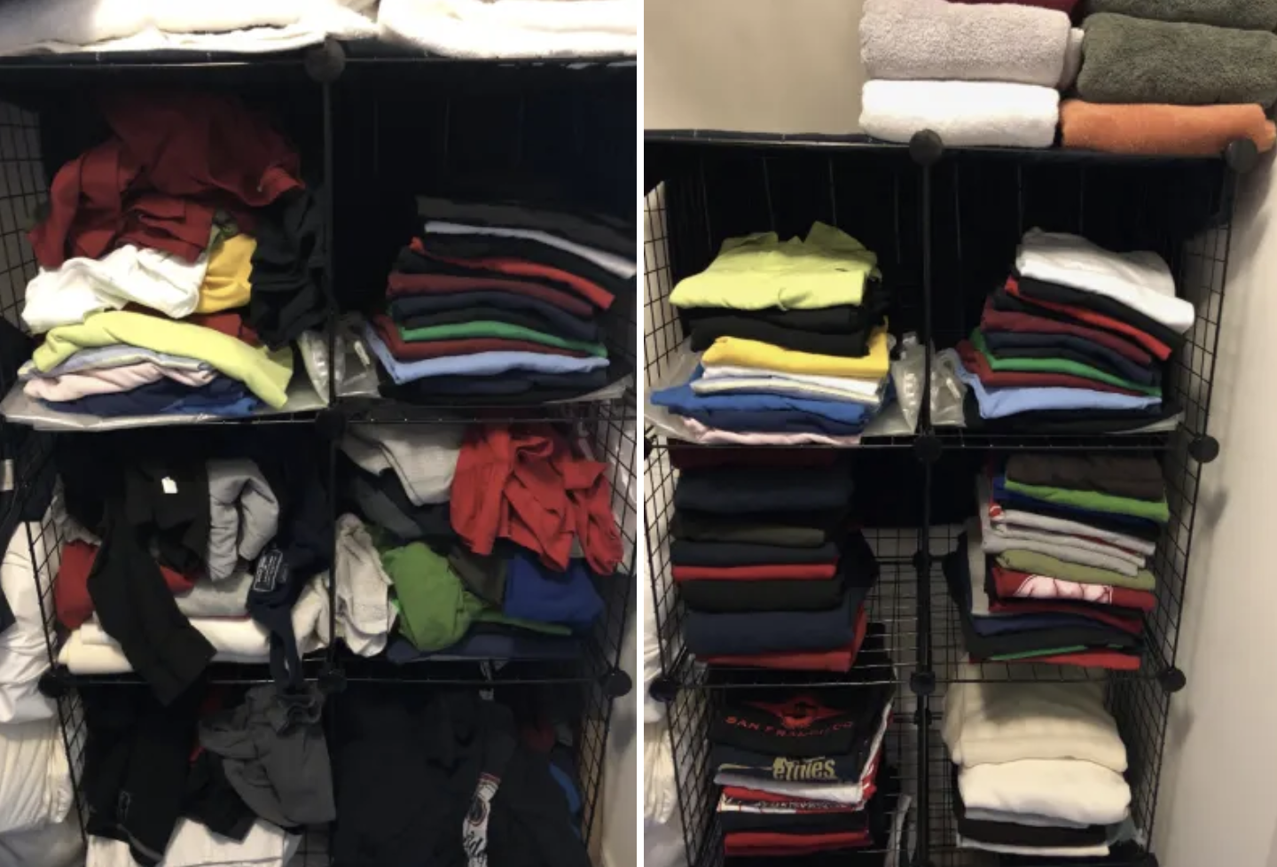 (On the left): before photo of cubes filled with lots of shirts messed up (right): the same cubes but now all the shirts are all nicely organized and in stacks