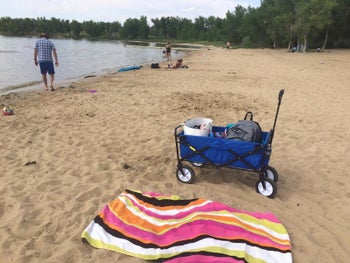 reviewer showing a blue wagon on the beach