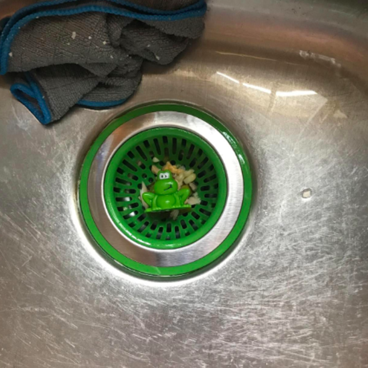The strainer in the drain of a reviewer's sink collecting debris