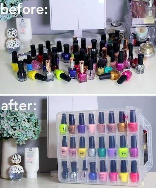before and after - the before pic shows a ton of nail polish scattered on a counter, you can't even see what most of it is; after pic shows them neatly sorted into the container so you can clearly see each bottle